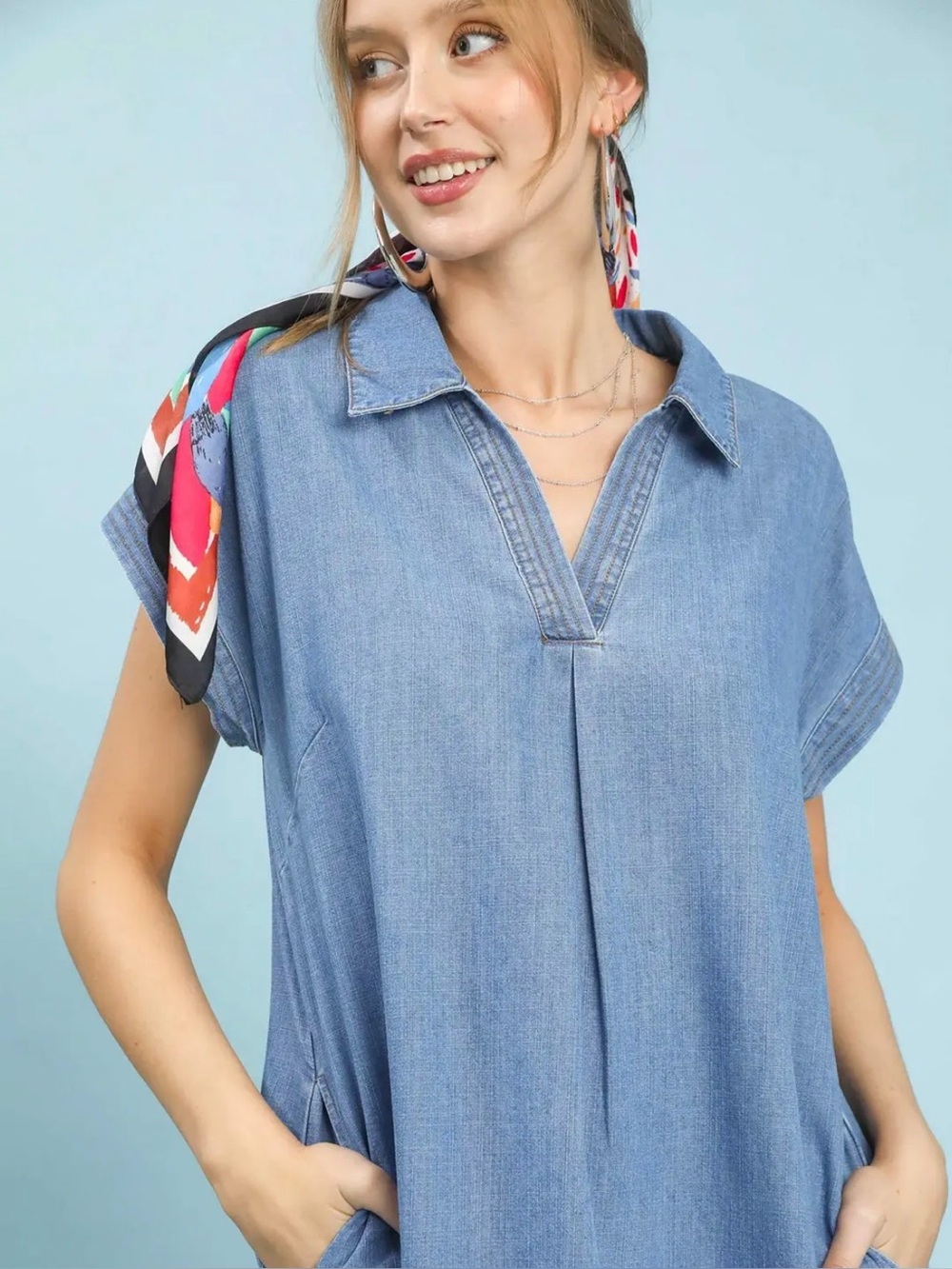 Umgee Stone Washed Collared Denim Midi Dress - Picture 5 of 7